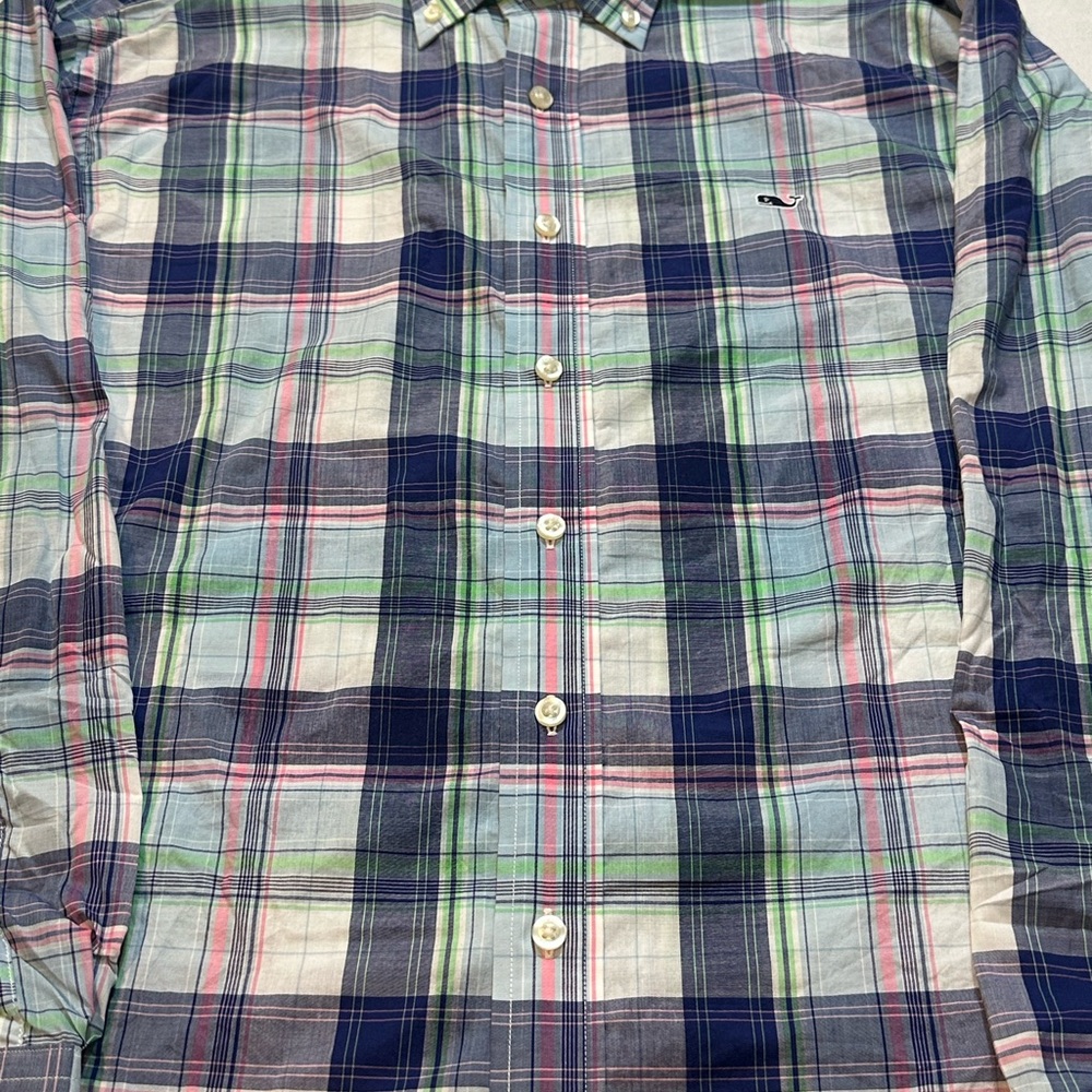 Vineyard Vines Plaid Whale Shirt Large Classic Fit Button Down Pink Navy Green - Picture 2 of 16